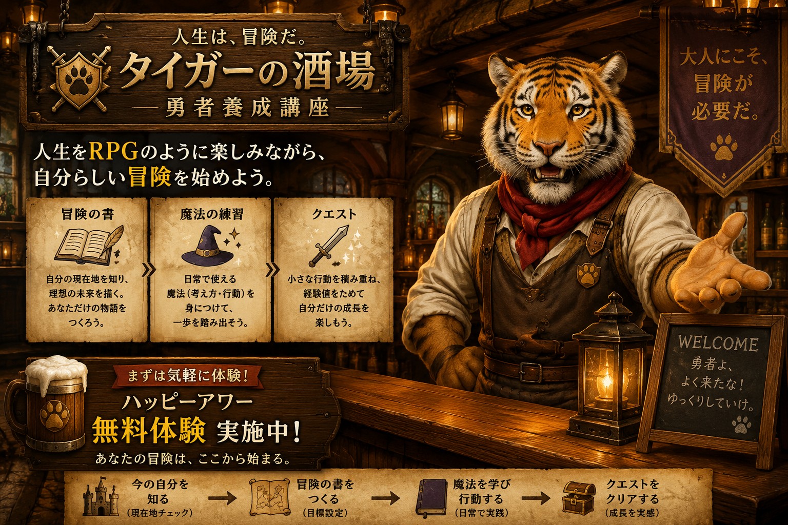 人生をRPGのように冒険する大人の学びの場「タイガーの酒場」、無料体験「ハッピーアワー」を公開